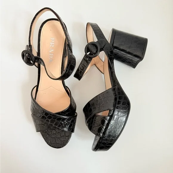 Prada Black Embossed Croc effect leather Quarter strap platform sandals EU 37.5 - Picture 1 of 9